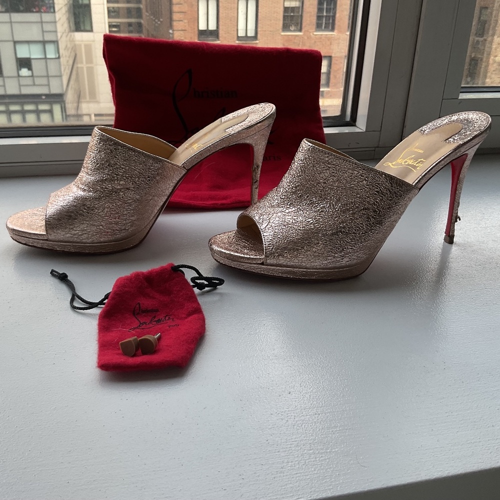 Christian Louboutin Rose Gold Crackled Leather Sandal Mules - stunning!